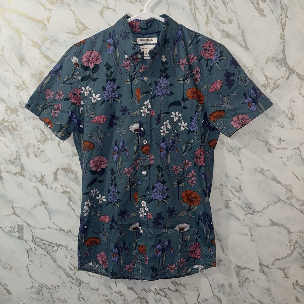 Goodthreads Men's S Slim Button-Down Short Sleeve Green Floral Shirt
